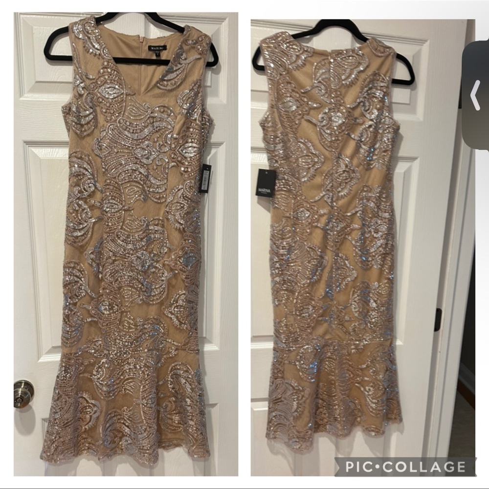 MARINA Sequin Embellished Midi Dress in Tan and Silver